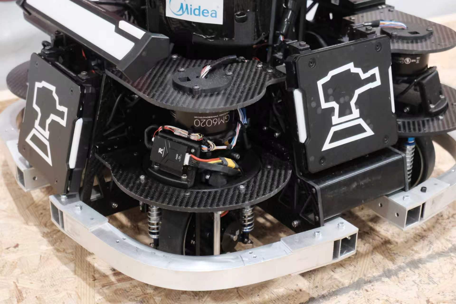 Close-up of a swerve robot chassis