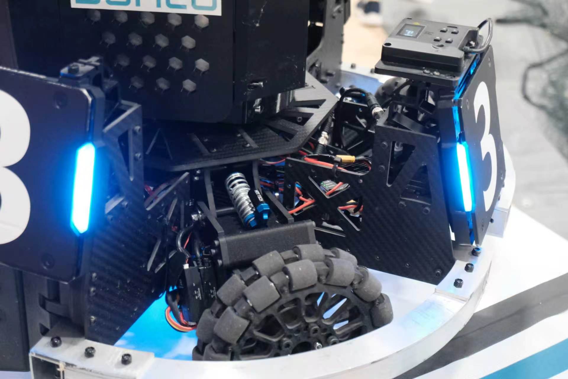 Close-up of an X-drive robot chassis